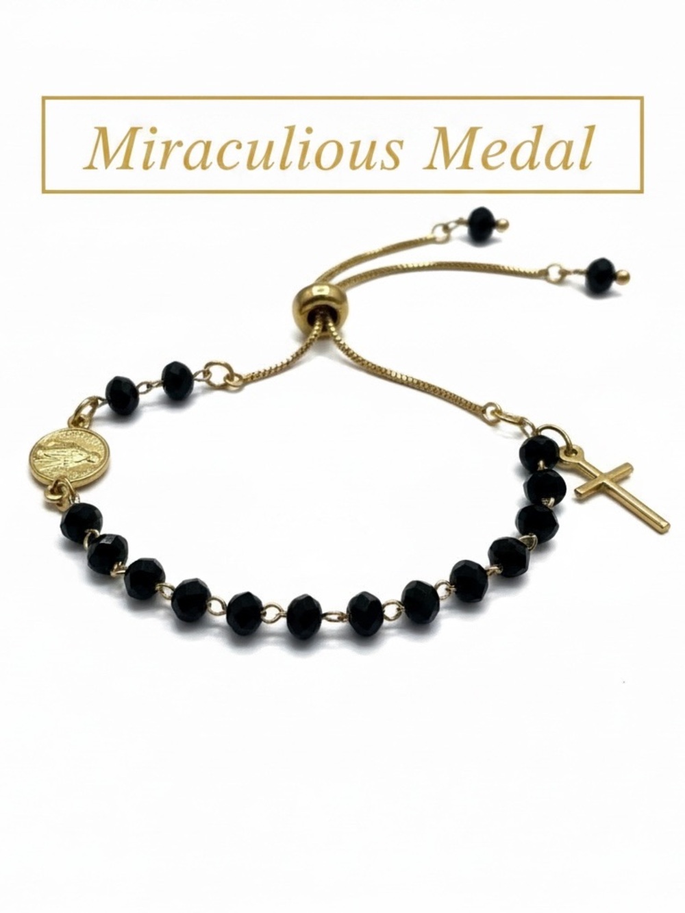 Miraculous Medal Adjustable Rosary Bracelet in Black and Gold
